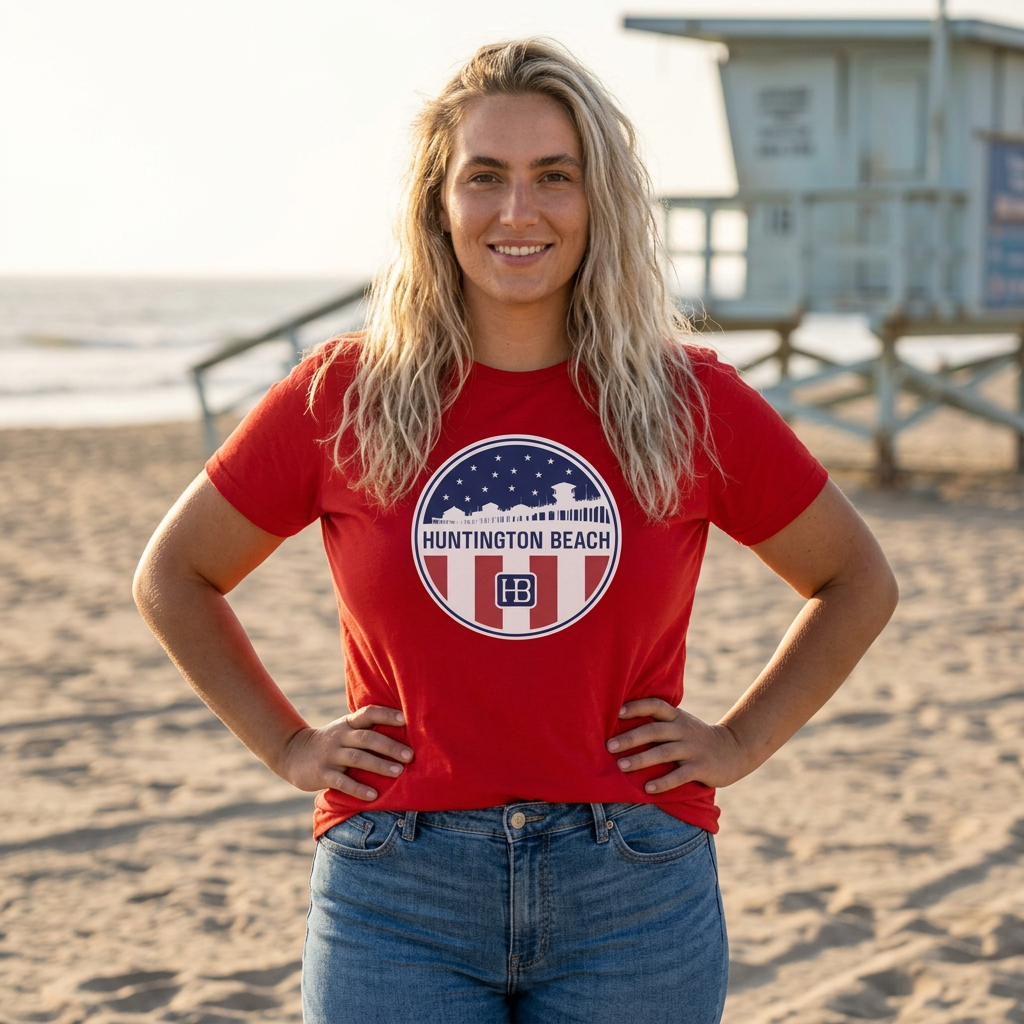 Huntington Beach Pier Stars and Stripes Women's Fit T-shirt