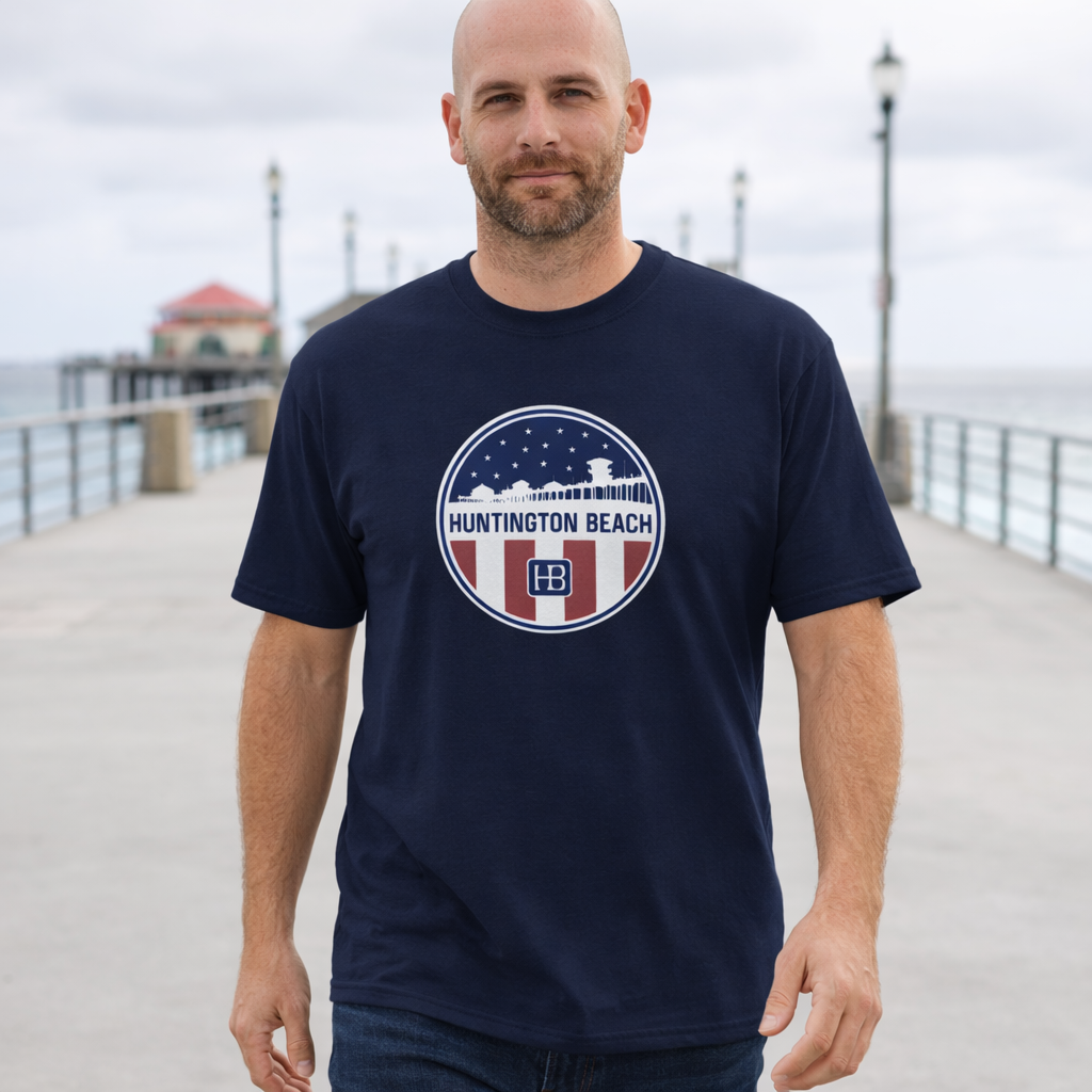 Huntington Beach Pier Stars and Stripes Classic Fit T-shirt